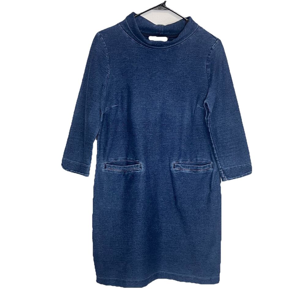 Boden Louise Dress Size 8 Regular Blue Chambray Mock Neck 3/4 Sleeve Pockets
